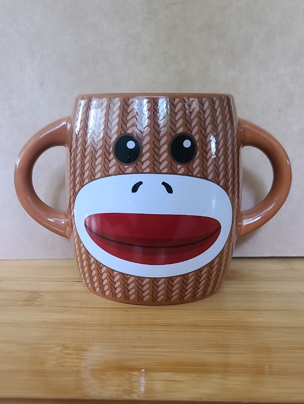 Galerie Sock Monkey Ceramic Coffee Cup Mug 16oz Brown Double Handle 4” Tall